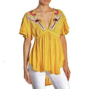 Free People Fiesta Nueva Boho‎ Blouse Yellow Embroidered Tie Back Women's Size S